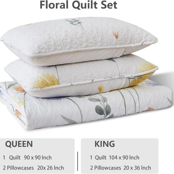 New Blue & Yellow Floral 3-Piece 100% Polyester Quilt Set • Reversible • KING - Picture 7 of 8